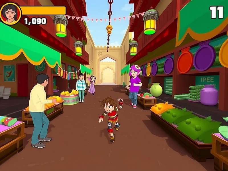 Pepper Dash Warrior game screenshot showing a character running through a vibrant Indian market